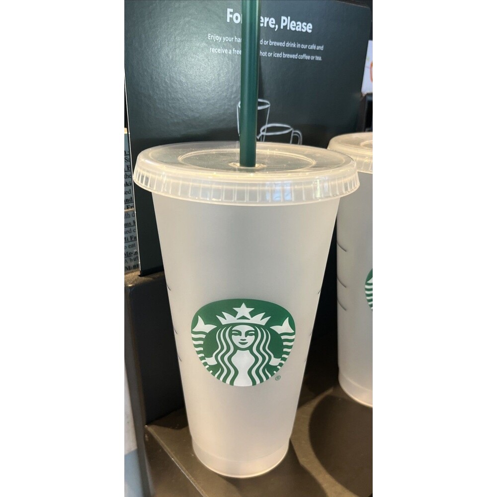 3 Starbucks Reusable Clear-Frost Cold Cup Tumbler Venti 24 oz with Lids & Straws